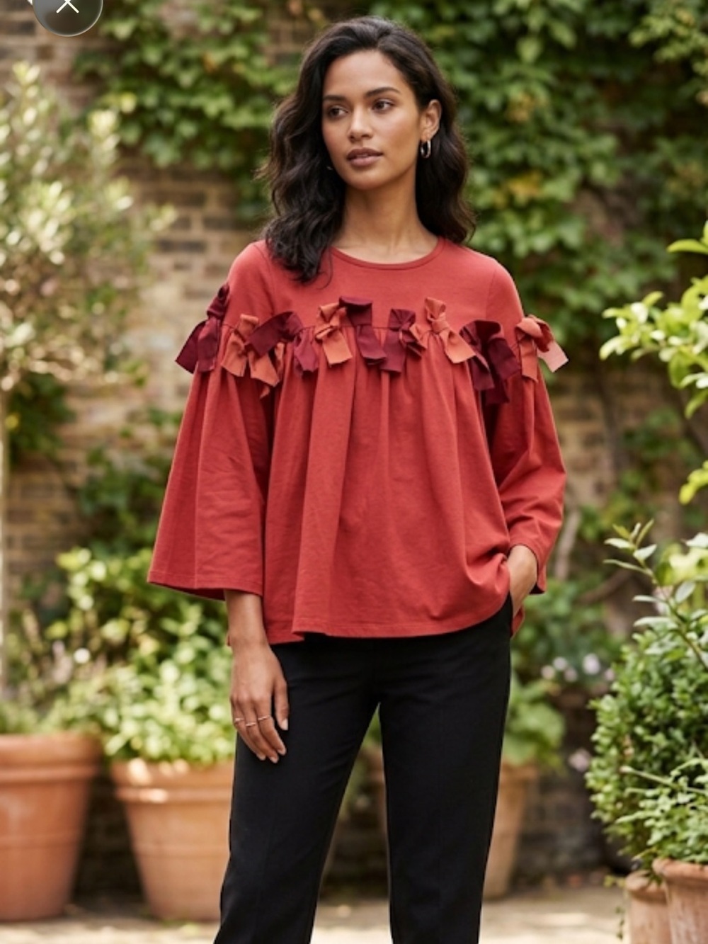 LANVIN en Blue | Red Ruffle Bow Long-Sleeve Top - 38